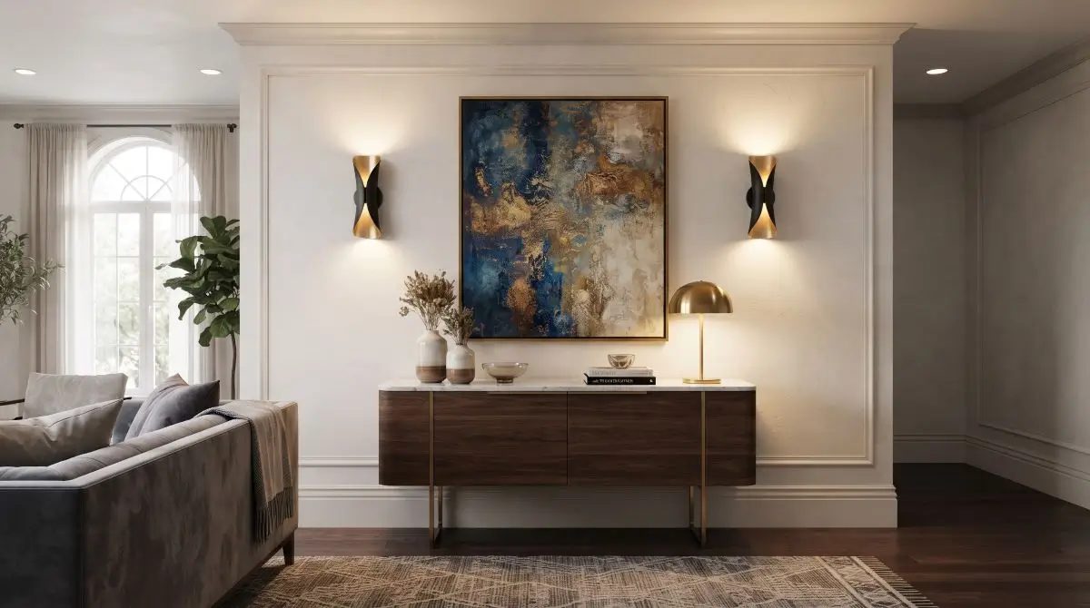Art-Lighted Sofa Table with Wall Lamps or Sconces