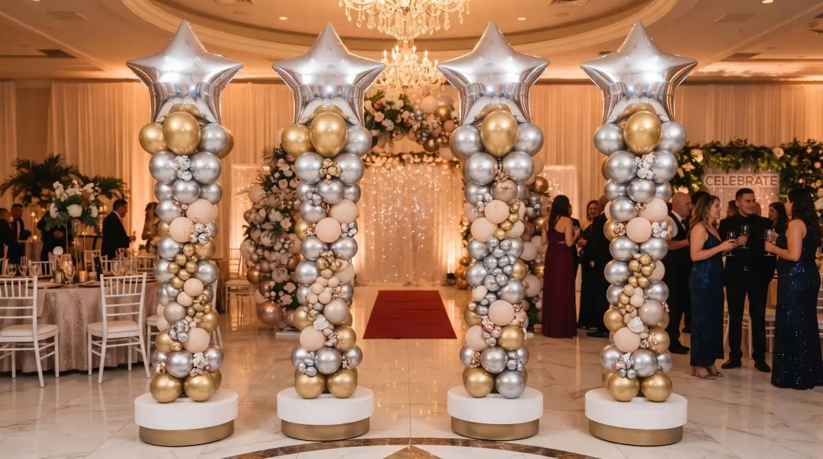 Balloon Columns with Themed Toppers