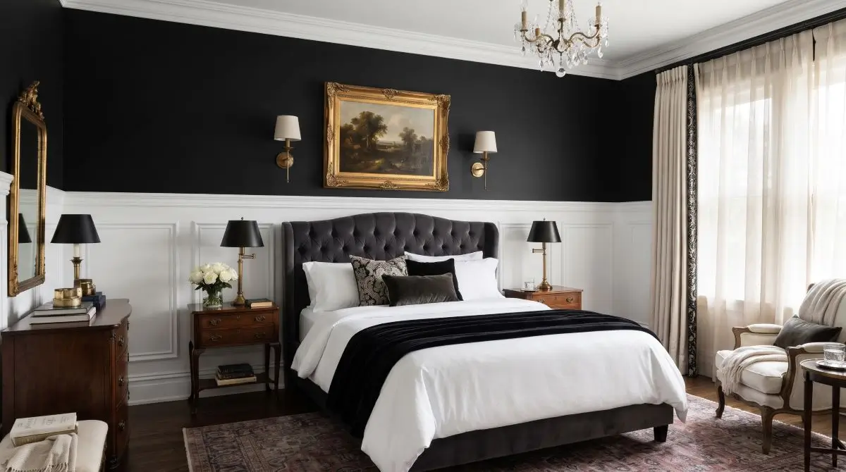 Black Accent Wall with Wainscoting