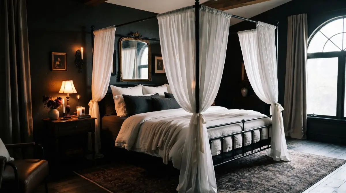 Black Canopy Bed with White Sheers