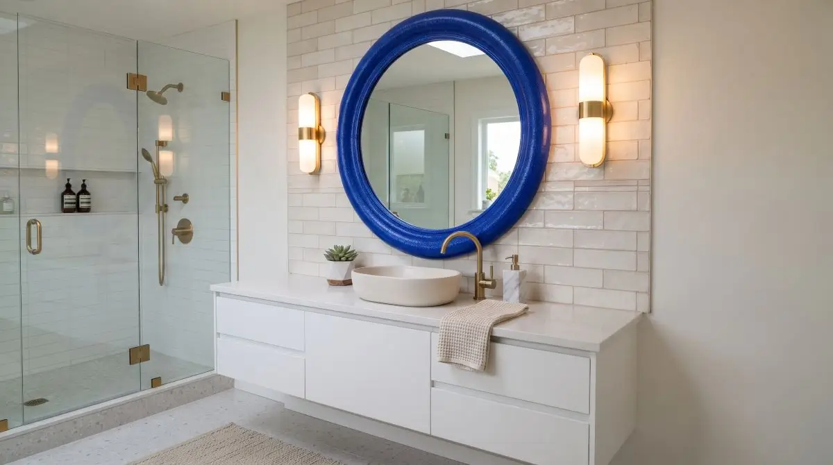 Blue-Framed Mirror as Focal Point