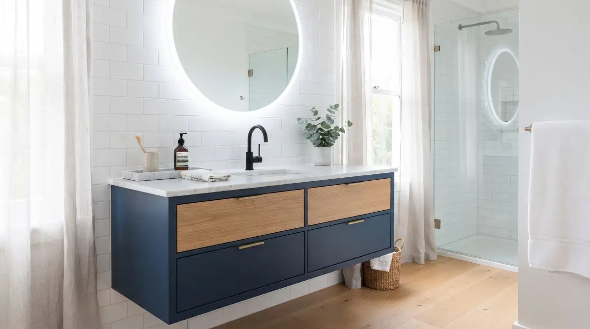 Blue Vanity with White and Wood