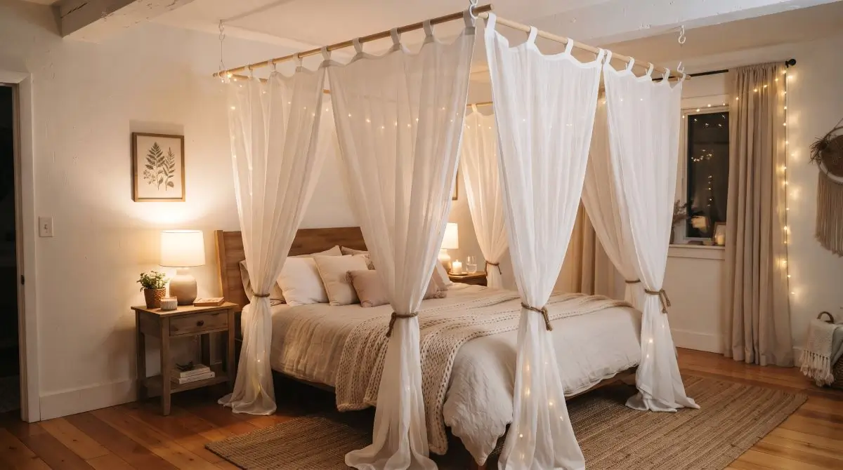 DIY Bed Canopy with Sheer Curtains