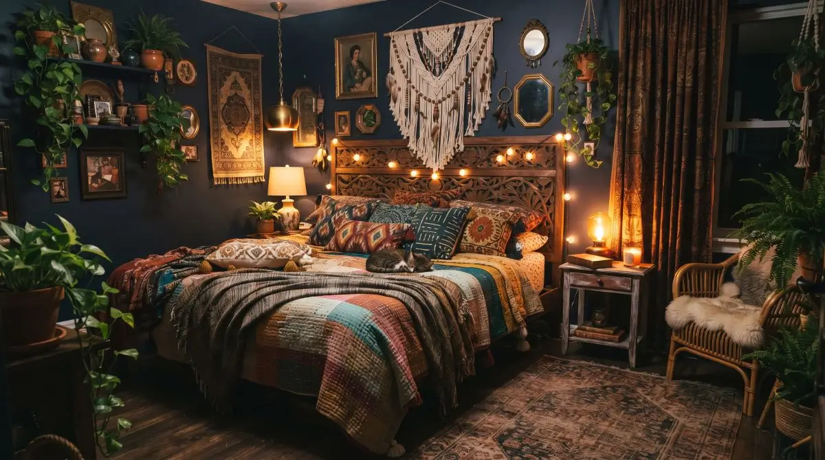 Dark Boho Bedroom with Patterns