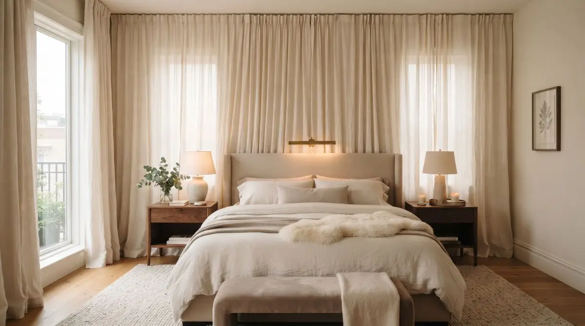 Fabric or Curtain Wall Behind Bed