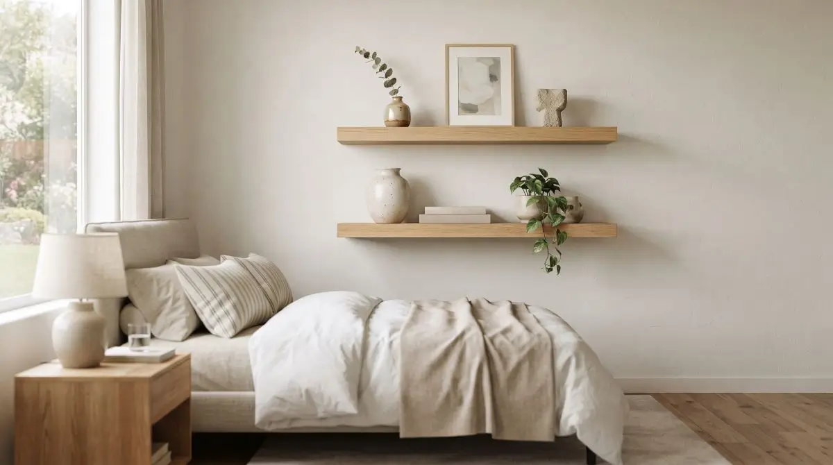 Floating Wood Shelves with Neutral Decor