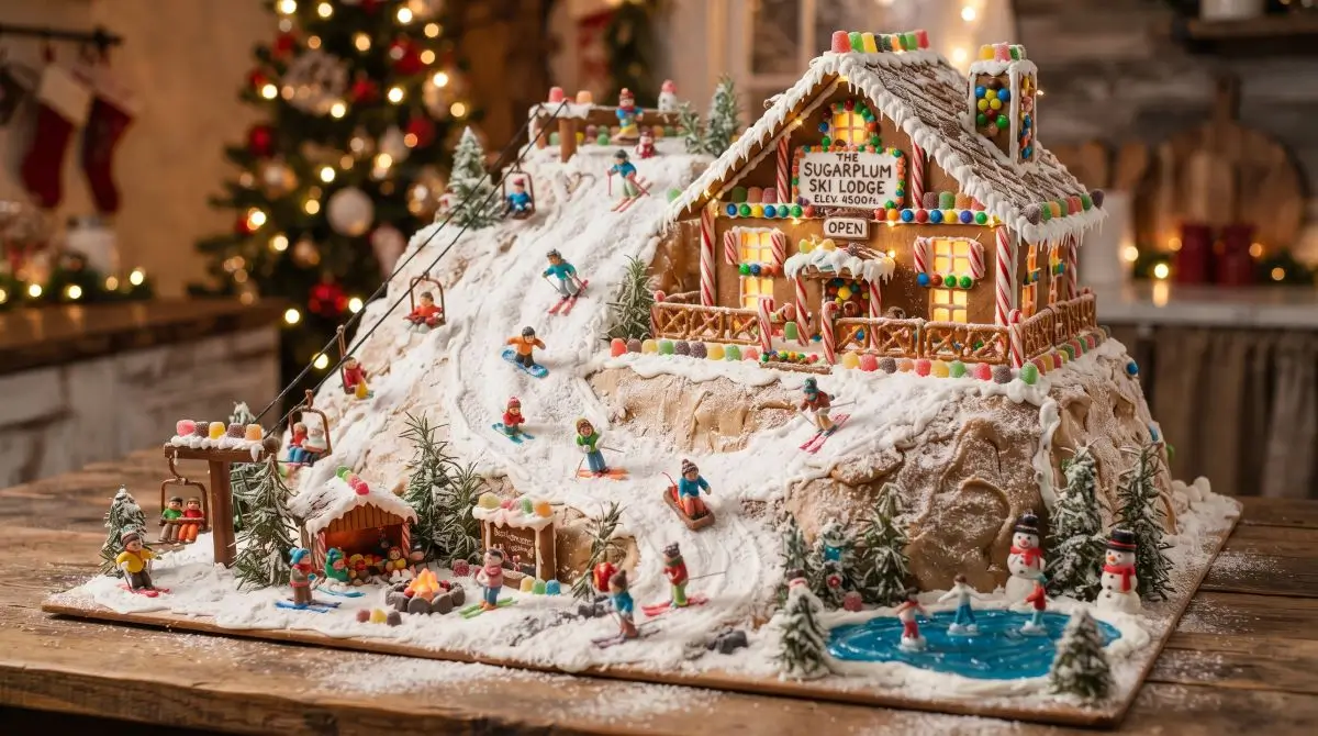Gingerbread Ski Lodge with Outdoor Scene