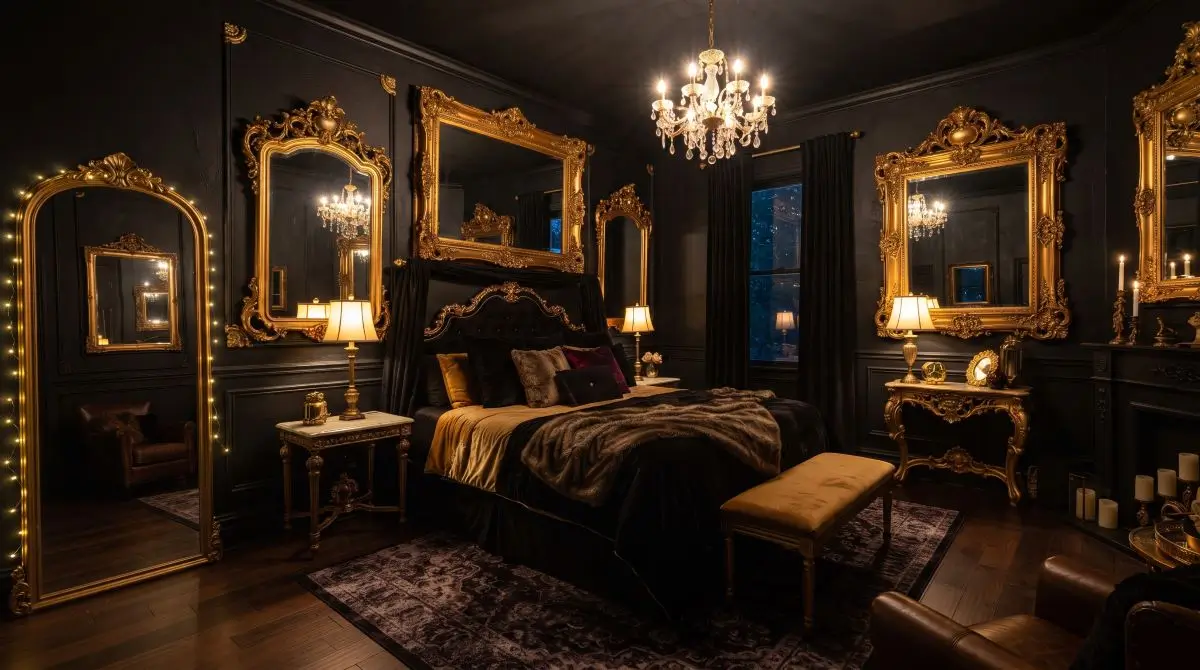 Glam Dark Bedroom with Mirrors