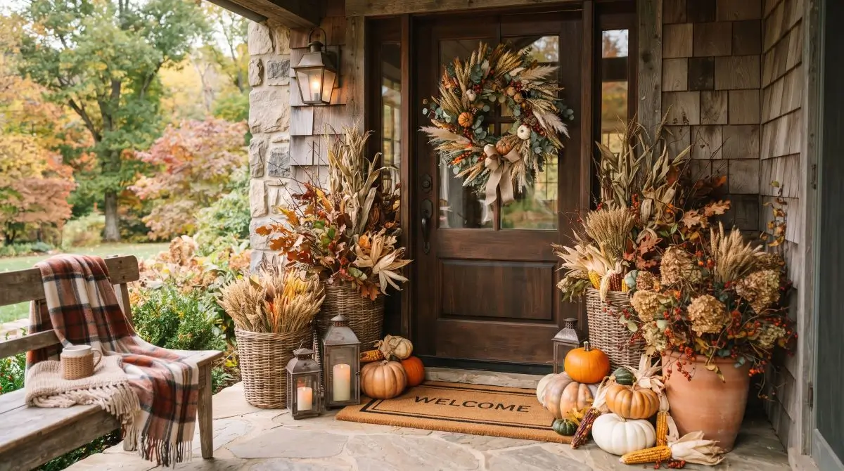 Harvest-Inspired Entry with Wheat and Foliage