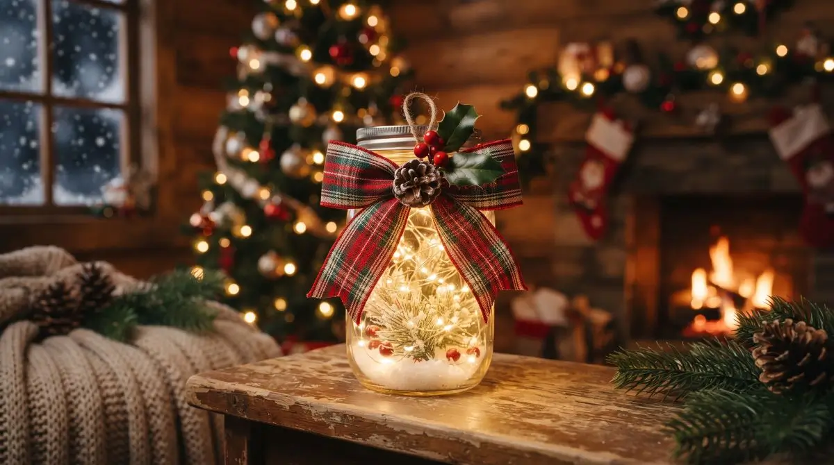 Holiday Jar with Ribbon and Greenery