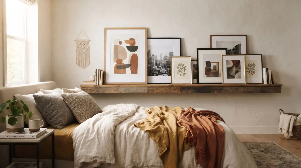 Layered Art Leaning on Low Wall Shelf or Ledge