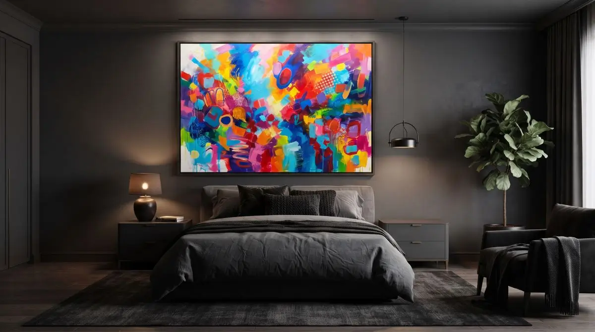 Monotone Bedroom with Colorful Art