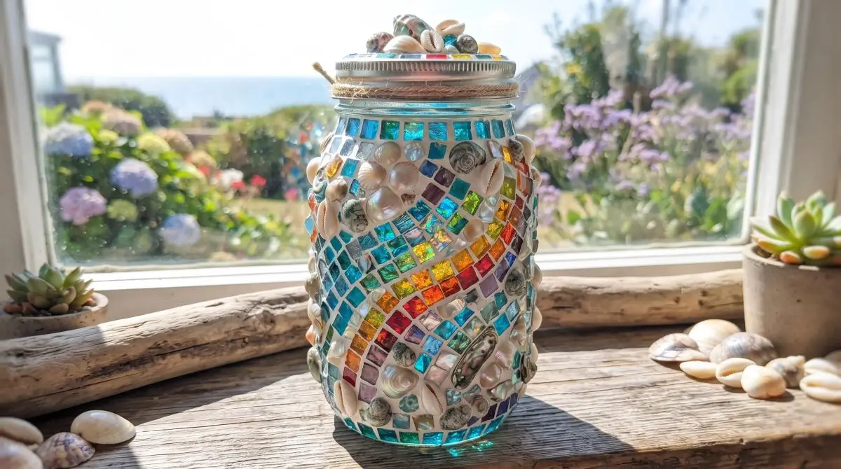 Mosaic or Shell-Covered Mason Jar