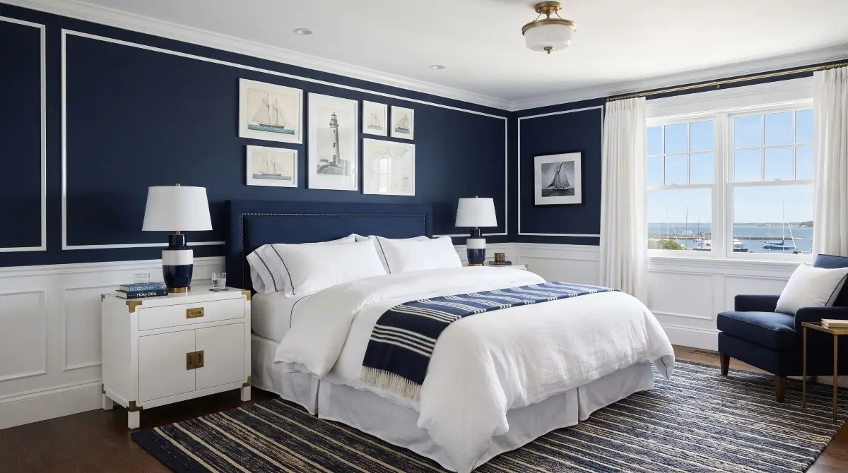 Navy Blue Bedroom with Crisp White Contrast