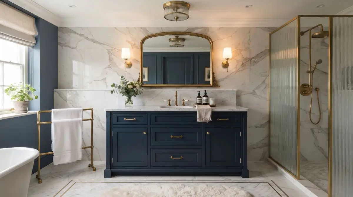 Navy Vanity with Brass Hardware