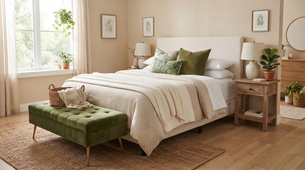 Neutral Bedroom with Green Accents