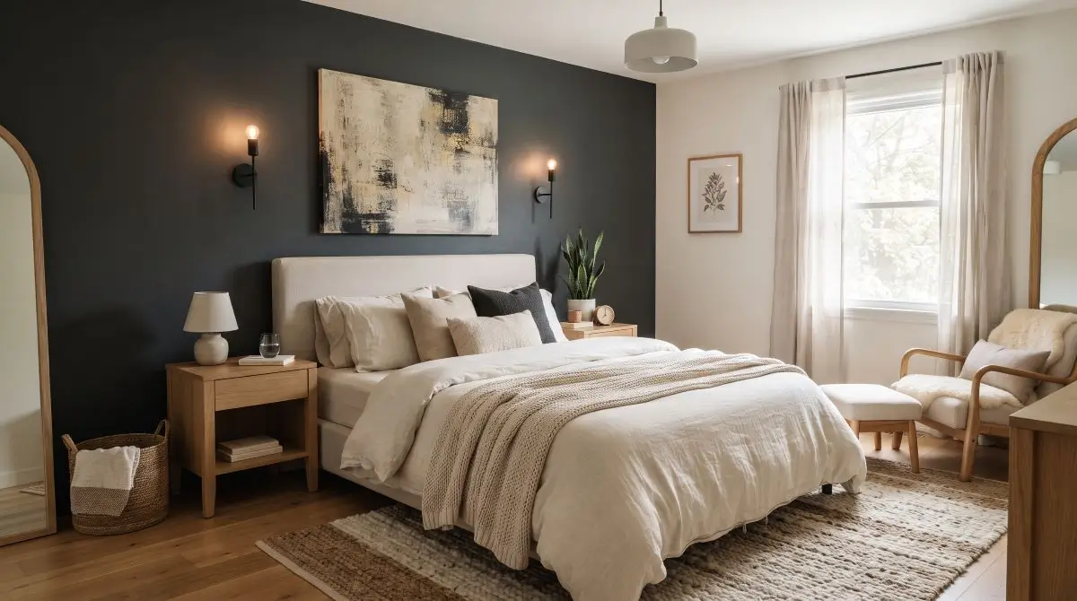 Neutral Bedroom with a Dark Moody Accent Wall