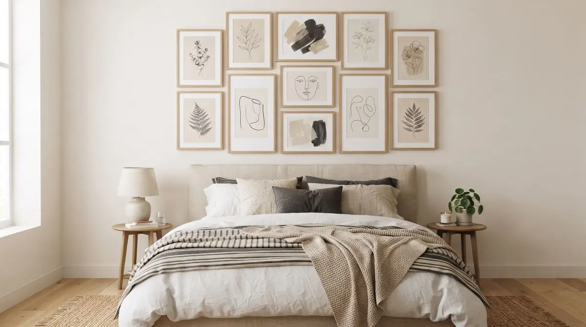 Neutral Gallery Wall Above Bed