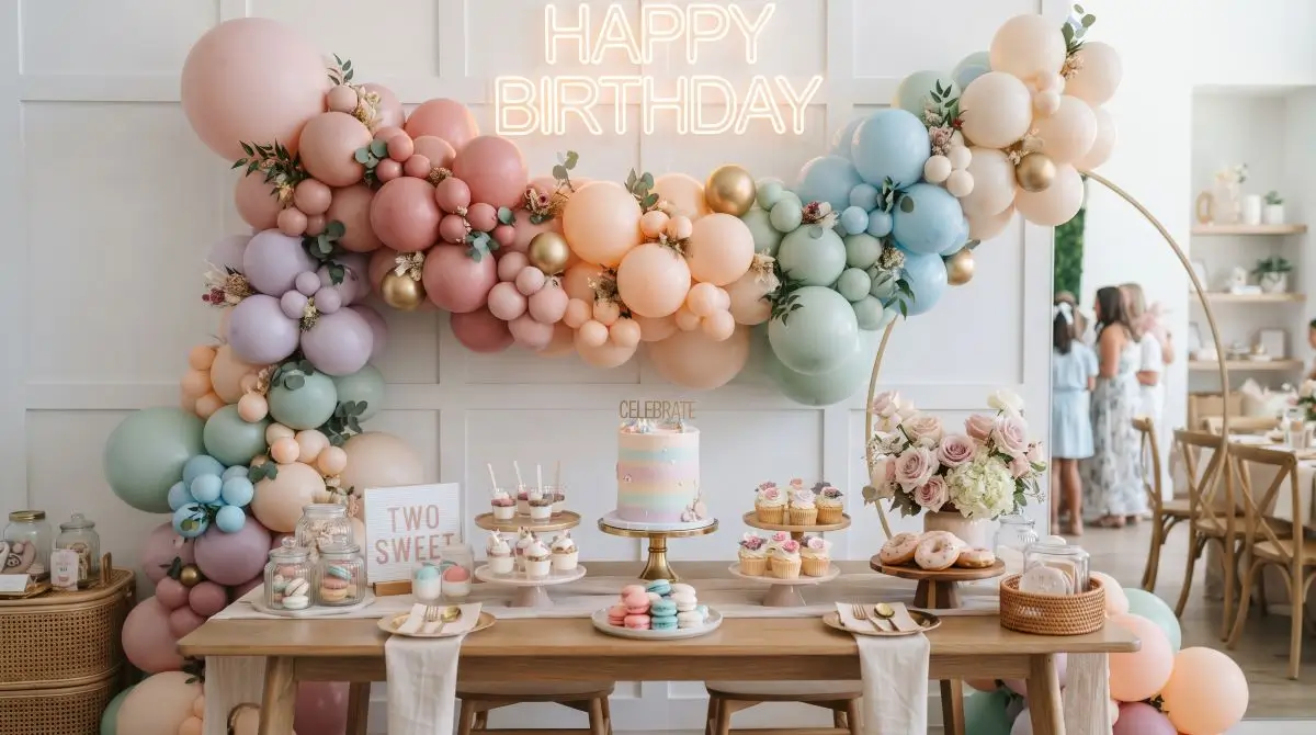 Organic Balloon Garland Over a Dessert Table