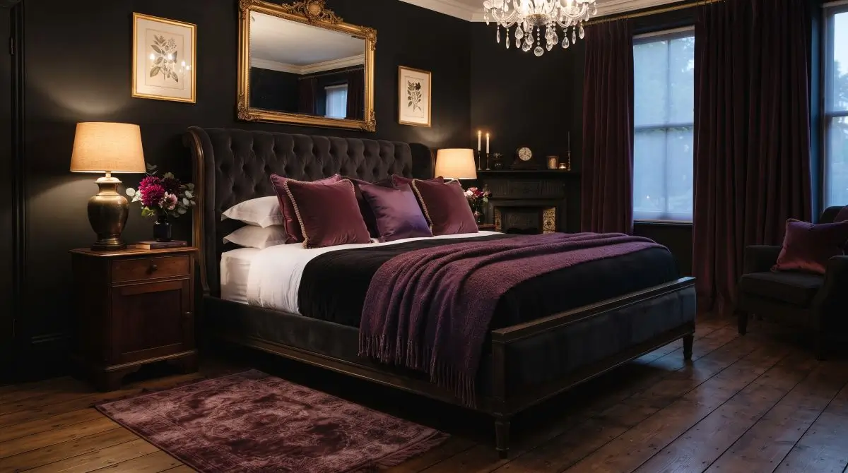 Plum Accents in Dark Bedroom