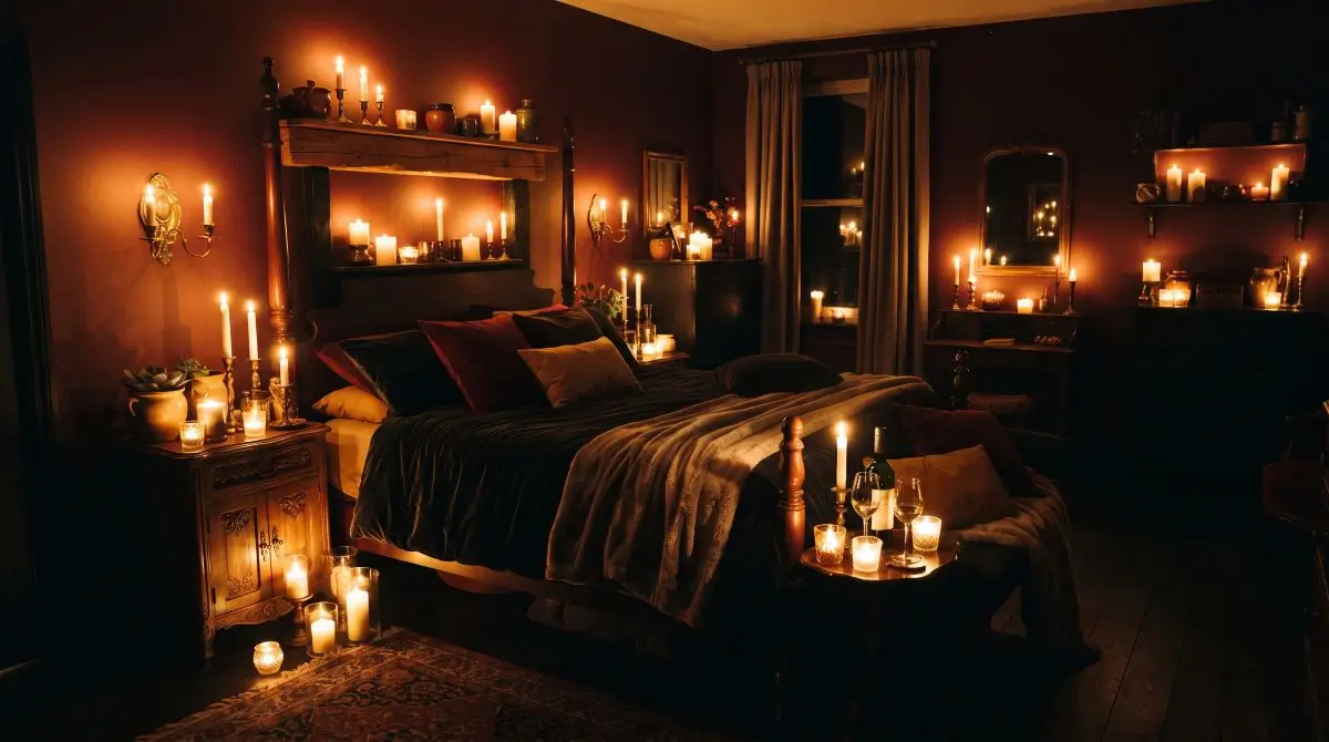 Romantic Dark Bedroom with Candlelight