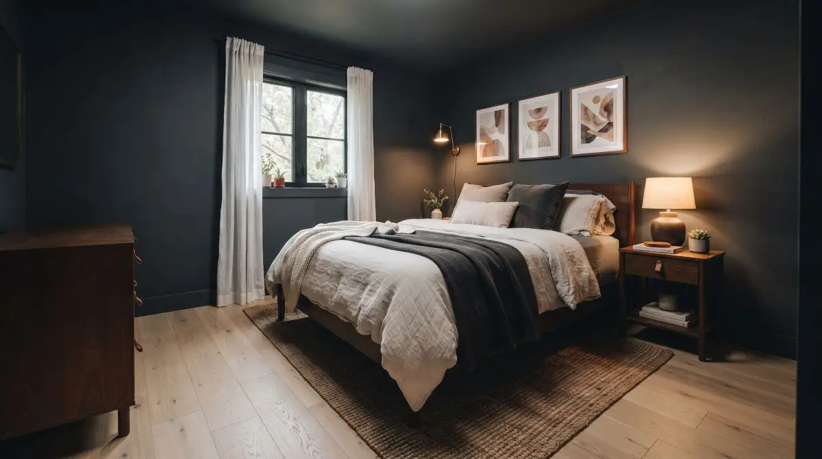 Small Dark Bedroom with Light Flooring