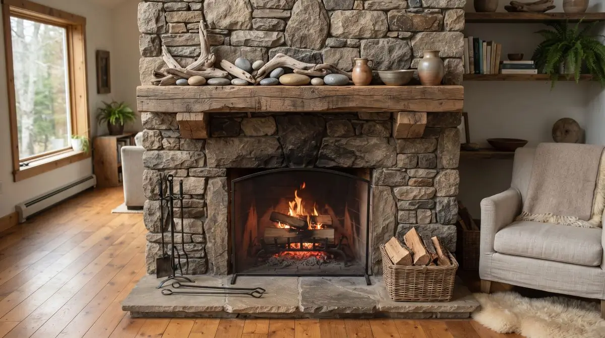 Stone Fireplace with Organic Decor