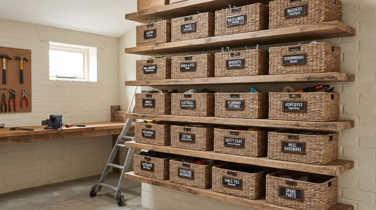 Stylish Open Shelving with Labeled Baskets