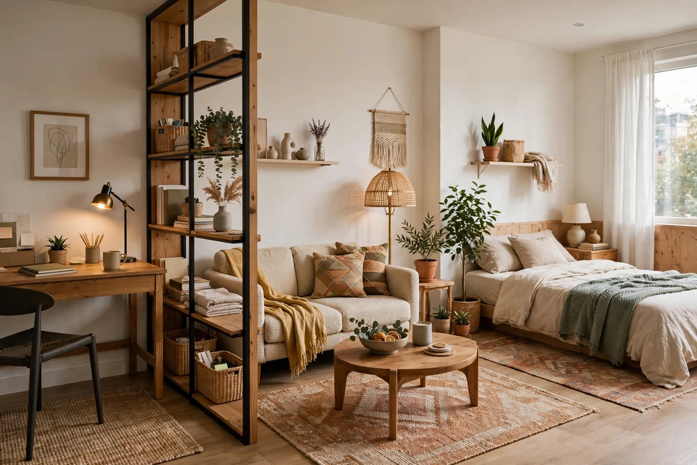 Studio apartment decor with the living area divided into activity zones for sleeping, work, and relaxing