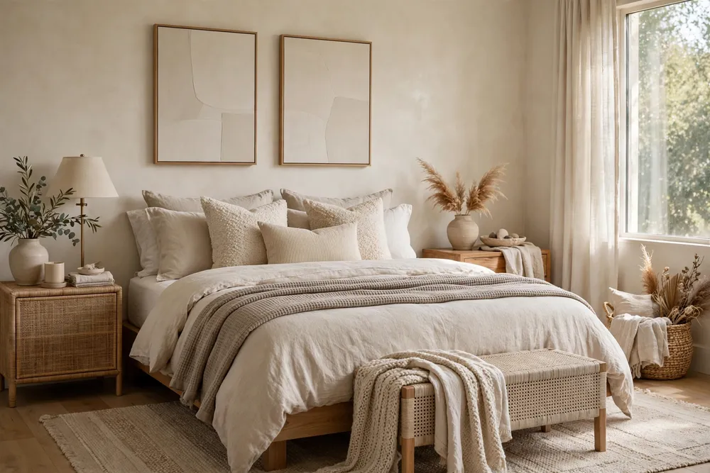 Calm layered neutral primary bedroom with cream bedding and soft beige tones