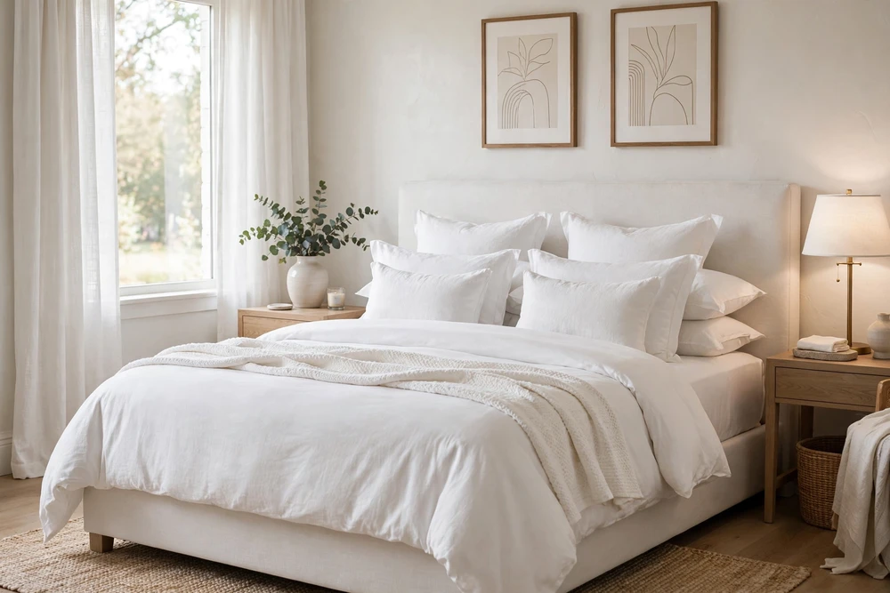 Hotel style white bedding bed with crisp sheets and plump pillows