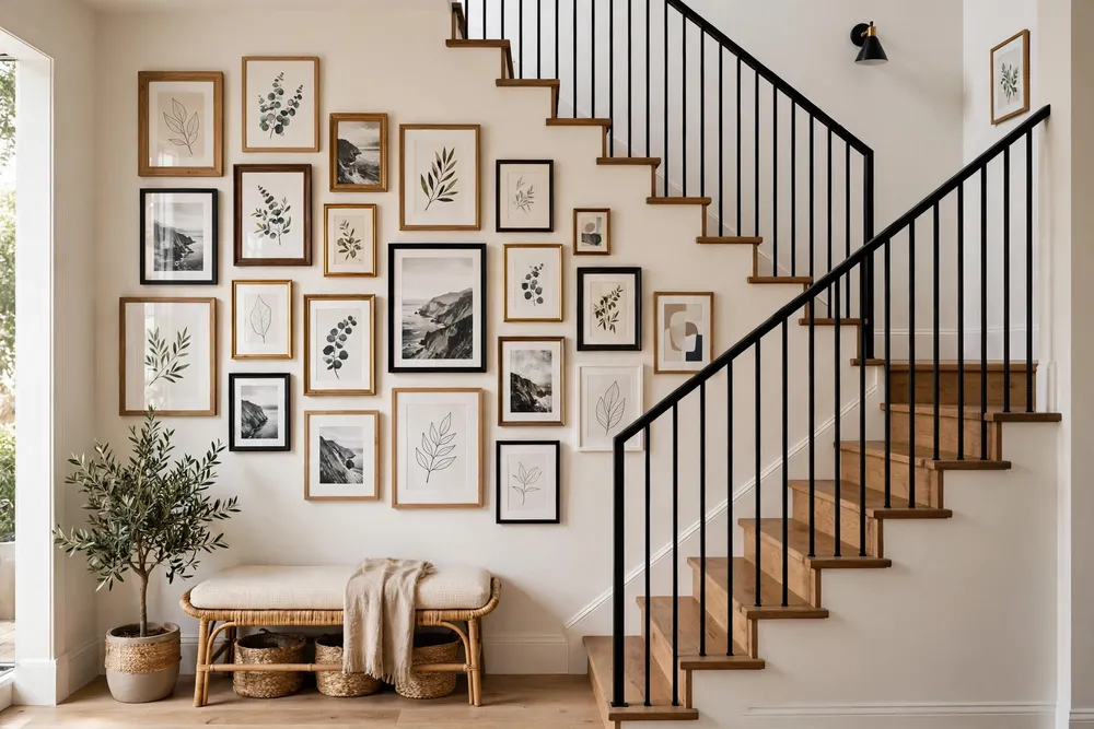 Photorealistic staircase wall decor with a framed picture gallery arranged along the stairway