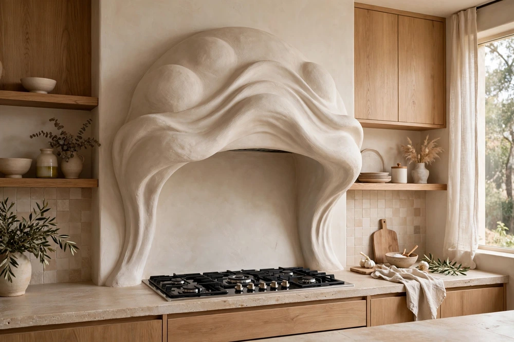 Sculptural plaster kitchen range hood with a hand finished organic curved shape above the stove
