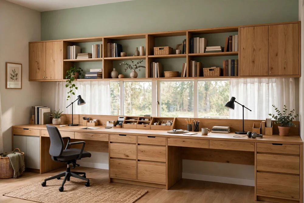 A study room with a long desk built wall to wall, set up with books and a lamp for focused study