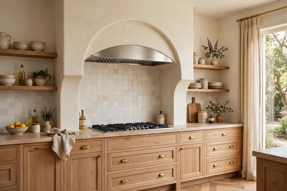 Arched kitchen range hood surround with a curved plaster arch framing the cooking zone