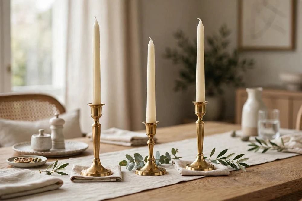 2. Balanced Trio of Candlesticks Three balanced candlesticks of varying heights on a decorated dining table