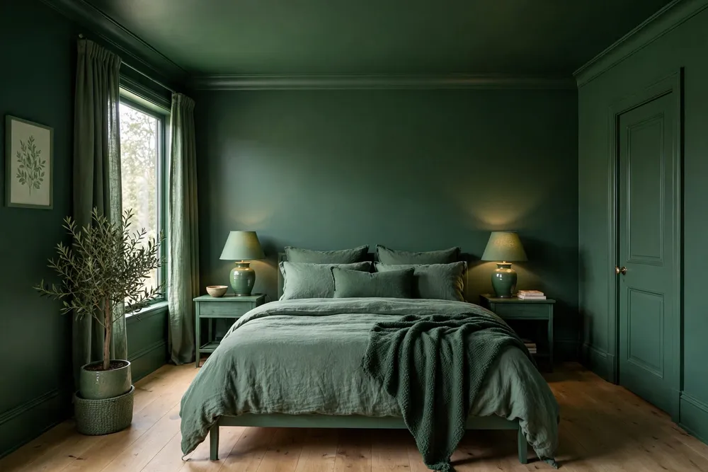 Color-drenched primary bedroom painted in one rich tone from wall to ceiling