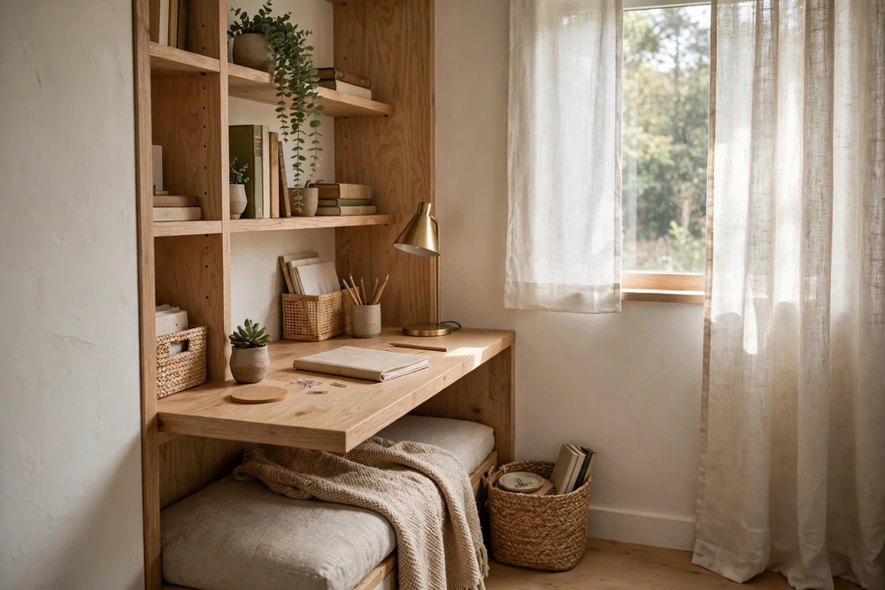 A small cozy study room nook with a compact desk tucked into a bright corner