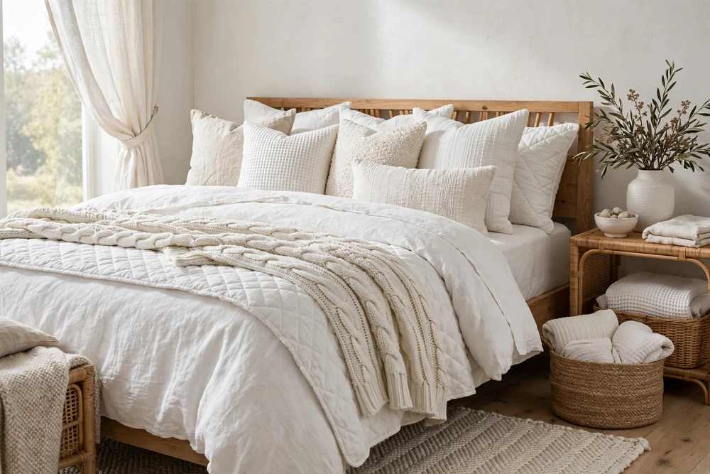 White bedding layered with different textures on a styled bedroom