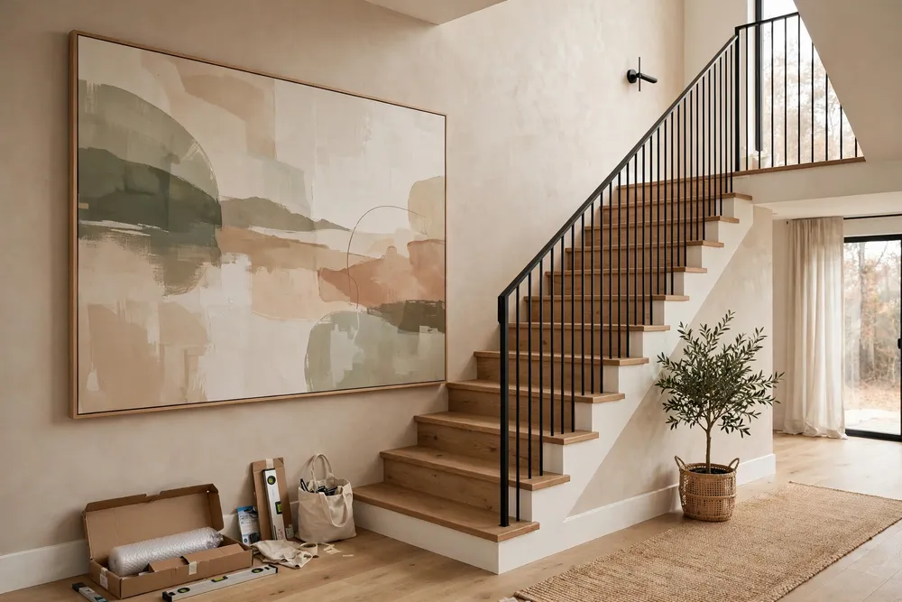 Oversized artwork as staircase wall decor filling a tall stairwell wall