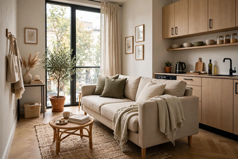 Studio apartment decor using smart sofa orientation to separate the living space from the sleeping area