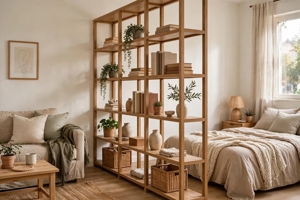 Studio apartment decor with an open bookcase used as a room divider between bed and living space