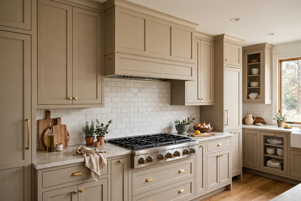 Boxed in kitchen range hood built to match the surrounding cabinetry for a seamless look