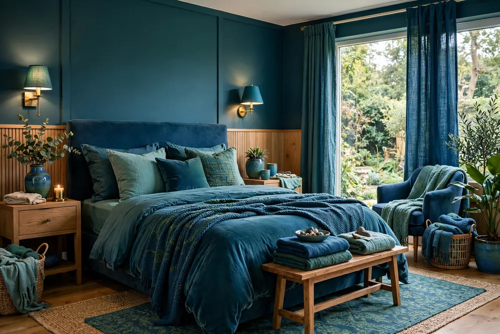 Primary bedroom with a deep blue-green palette on walls and bedding