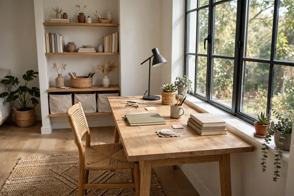 A study room where the desk sits perpendicular to a window, letting in soft natural light