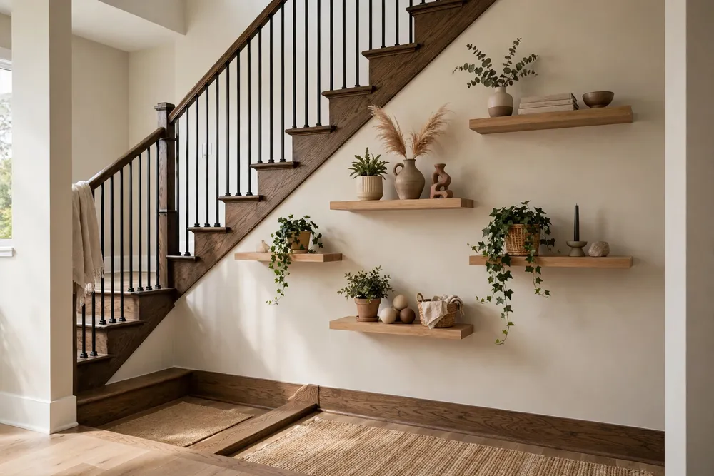 Wall mounted display shelves with decor objects as staircase wall decor