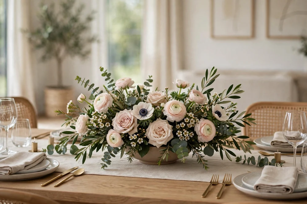 3. Low Floral Centerpiece Low floral centerpiece with soft blooms styled on a dining table