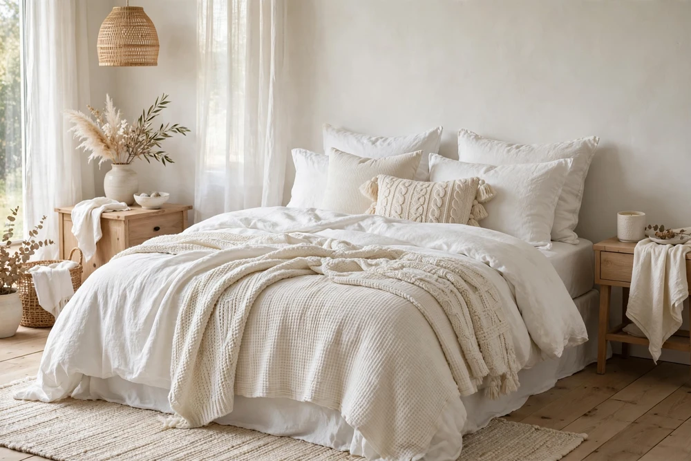 Bedroom combining shades of white in bedding and decor