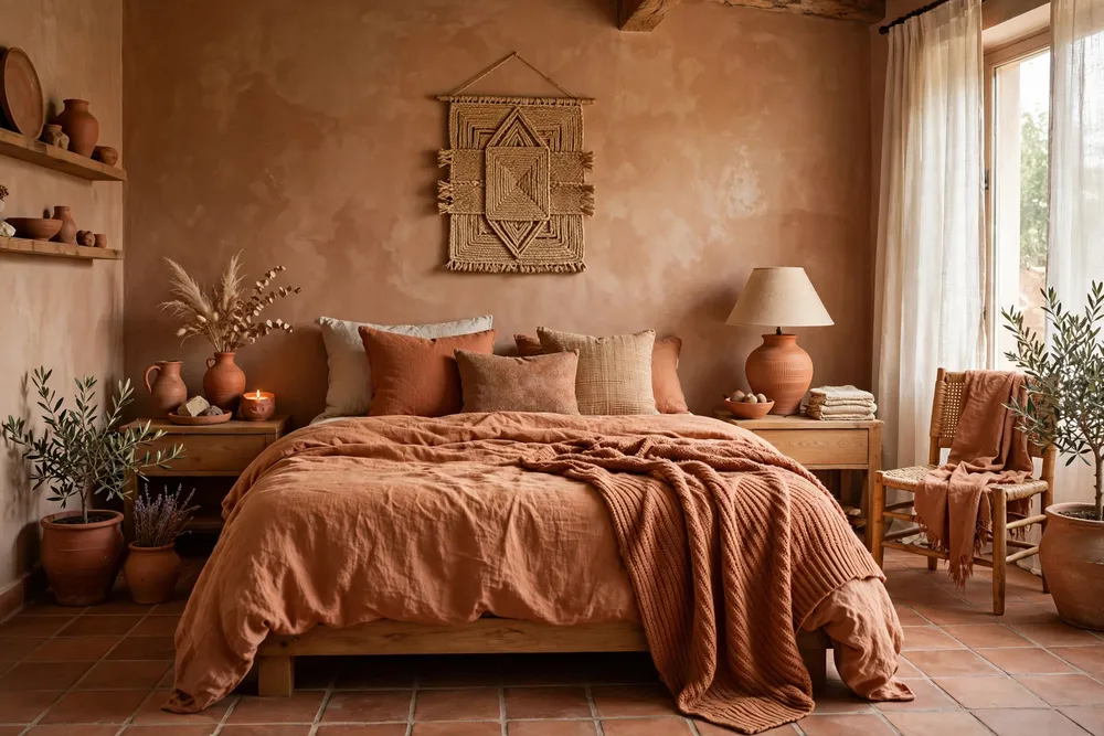 Warm primary bedroom decorated in clay and terracotta tones