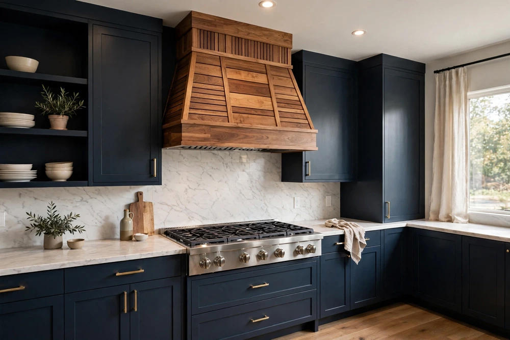Contrasting wood kitchen range hood made of warm timber against painted cabinets